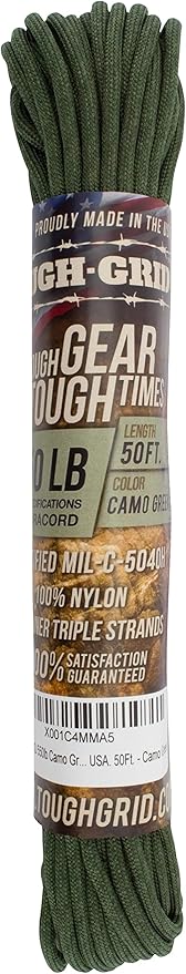 TOUGH-GRID 550 Paracord, Type III Mil-Spec Nylon Rope - 50 Ft Camo Green Tactical Survival Cord