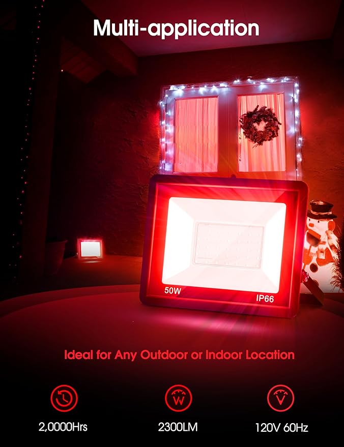 L LOHAS LED Red Flood Light Outdoor, 𝑫𝒖𝒔𝒌 𝒕𝒐 𝑫𝒂𝒘𝒏 50W Plug in Flood Light, IP66 Waterproof Christmas Party Decorations, 2300lm Outdoor Lights for Yard, Garage UL Listed 2 Pack