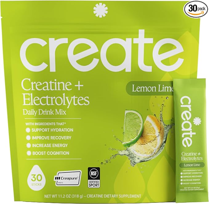 Create Creatine + Electrolytes Mix - Creatine Monohydrate Stick Packs, Supports Energy and Hydration, NSF Certified for Sport, 30 Count, Lemon Lime