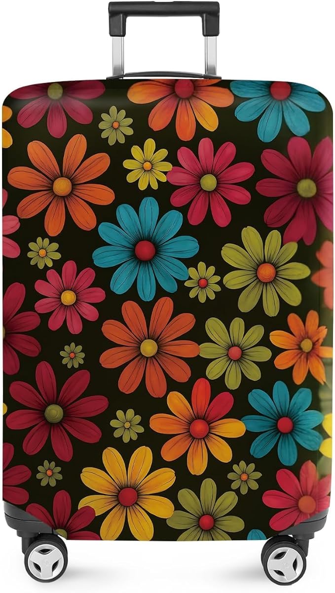 ANNA QUEEN Colorful Flower Luggage Cover, Retro Floral Suitcase Protector, Stretchable Washable Cover for 32-34 Inch Luggage