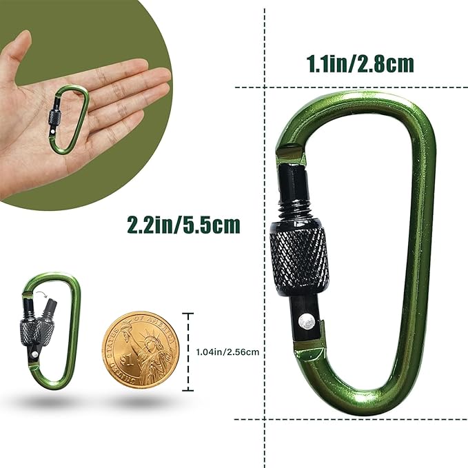 YUCHIYA 8 Pack D-Shape Carabiner Clasp with Screw Gate, 2.2 Inch Mini Keychain Clip Key Chain Buckle, Aluminum Alloy Keyrings Hook for Outdoor Hiking not for Climbing