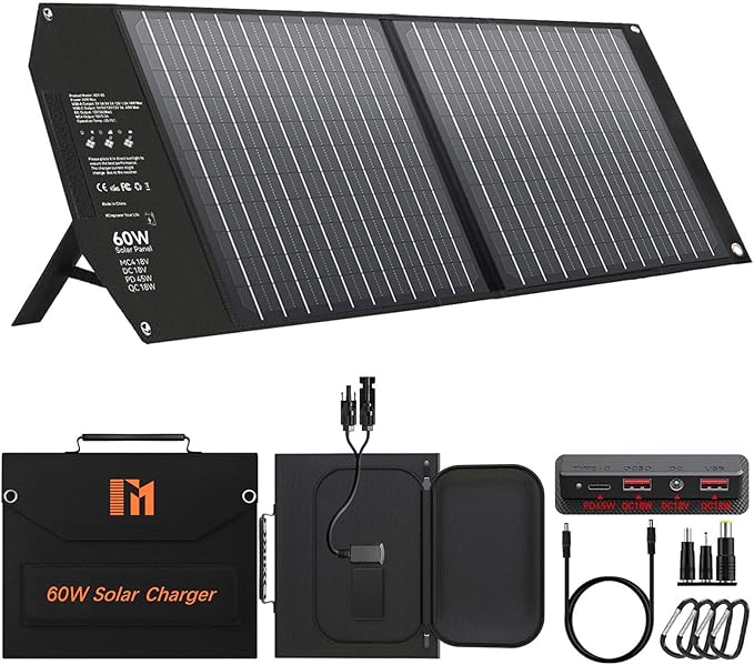 60W Portable Solar Panels Charger with PD3.0 PD45W USB-C QC3.0 USB-A 18V DC MC4 Outputs Foldable Solar Panel for Camping RV Trip Fast Charging for Small Power Station Generator Cell Phone Power Bank
