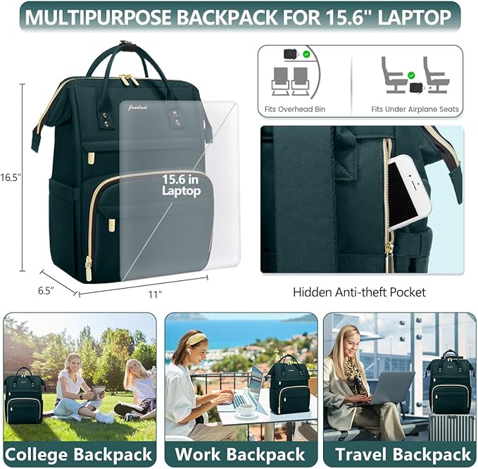 Focdod Laptop Backpack for Women Work Bags - 15.6 Inch Professional Womens Travel Backpack Purse Computer Laptop Bag Nurse Teacher Backpack Waterproof Carry on Back Pack Dark Green