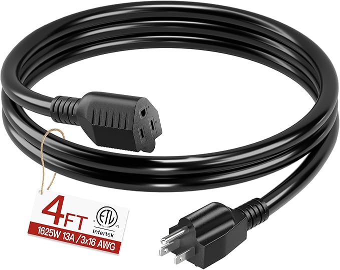 16/3 Short Extension Cord 4 FT, Black Extension Cord Flexible & Durable, Indoor 3 Prong Power Cable, Suitable for Home and Office, 13 Amp 1625 Watt 125VAC 16AWG, ETL Listed