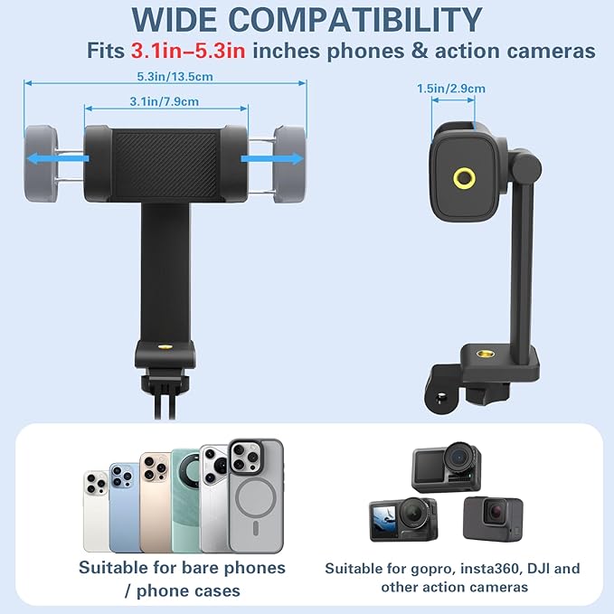 Beviliu Neck Phone Holder for Recording, Hands-Free POV/Vlog Neck Mount with Phone Clip & Chest Strap for Cooking/Fishing/Video Filming, Content Creator Phone Holder for iPhone Android Insta360