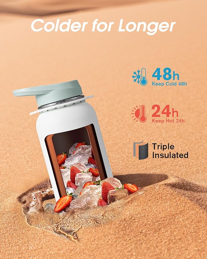 Coolflask Water Bottle with Straw, 32 oz Insulated Metal Water Flask with Straw & Spout Lids, Stainless Steel Double Wall Vacuum, Keep Cold 48h Hot 24h, Leak Proof, BPA-Free, Glacier White