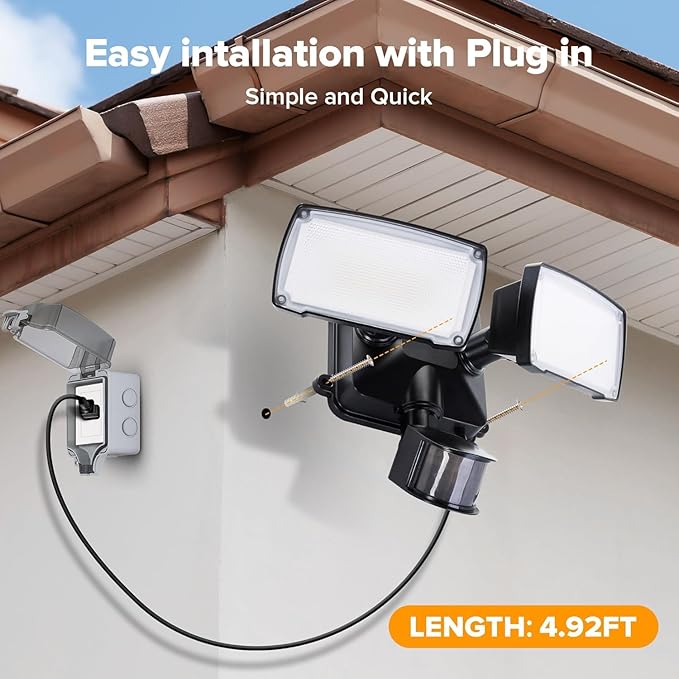 LUTEC 21W Plug in Motion Sensor Light Outdoor, Flood Lights Outdoor Motion Sensor,2500LM, 5000K Daylight,IP65 Waterproof,Adjustable 2 Heads Wall Light for Garage, Porch, Yard - Black