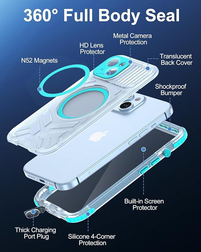 for iPhone 15 Waterproof Case with Magsafe, Built-in [Camera & Screen Protector] [Lanyard], IP68 Water Proof Full Body Dustproof Heavy Duty Frosted Protective Phone Cover, 6.1" Teal
