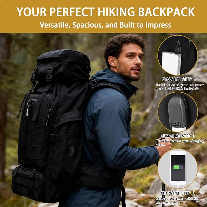 80L Camping Hiking Backpack, Large Military Tactical Backpack with USB Charging Port, Waterproof Travel Daypack With Carabiner Outdoor MOLLE Rucksack for Men Women (Black)