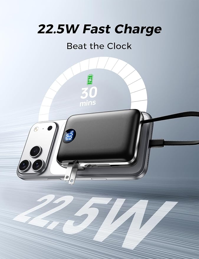 Portable Charger with Built-in Cables & Wall Plug, 10000mAh Power Bank, 4 Outputs 22.5W USB C Fast Charging, Slim Travel Battery Pack with LED Display for iPhone 17/16/15/14, Black
