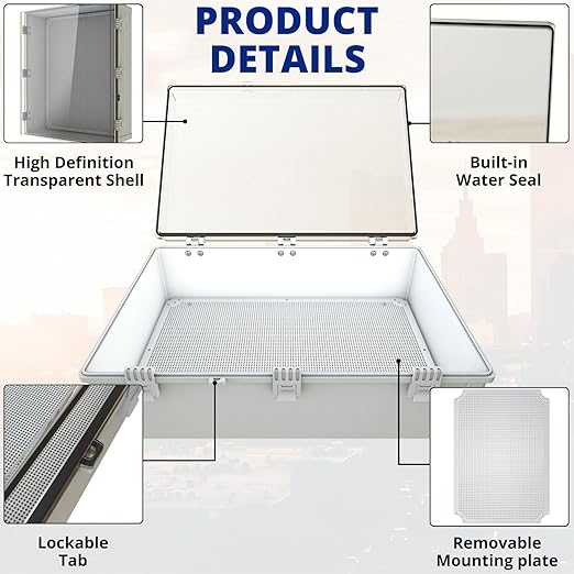 MAKERELE Extra Large Outdoor Electrical Box Waterproof IP67 large Junction Box 2 NPT 1”Glands and Adjustable Clamp*2 Hinged Cover Waterproof Clear Box (23.6"*19.7"*8.7")