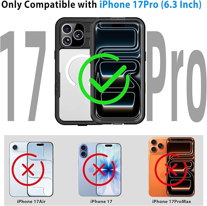 Waterproof Phone Case Compatible with iPhone 17 Pro, IP68 Waterproof Shockproof Dust-Proof Phone Case with Built in Screen Protector, Full Body Protective Case (Black, 17 Pro)