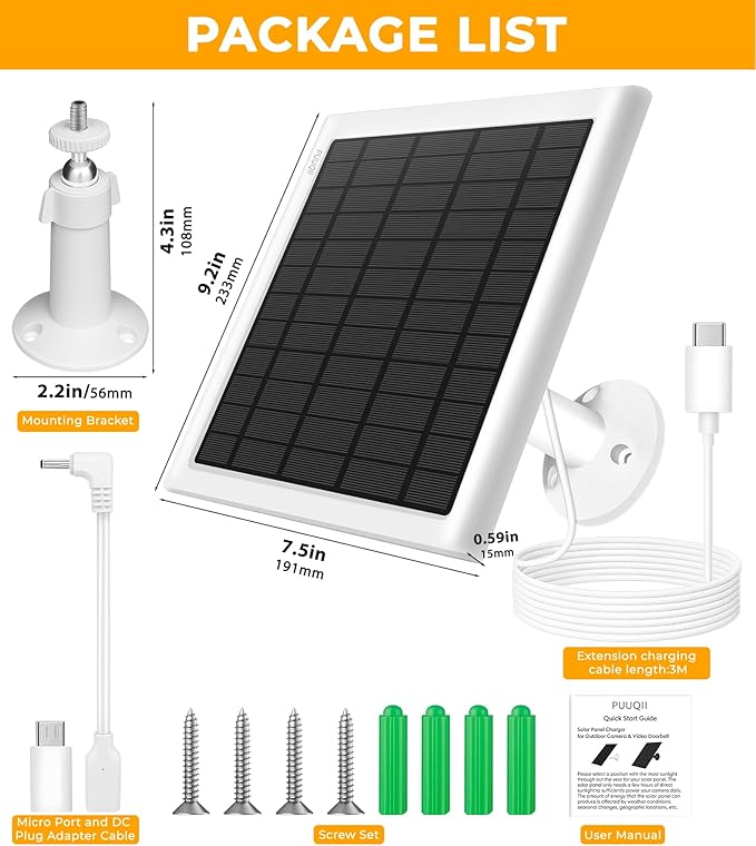 8W Solar Panel for Ring Camera, Solar Panel Charger Compatible with Ring Stick Up Cam/Pro Battery, Spotlight Cam/Pro/Plus Battery, Includes Barrel Plug to USB-C Adapter, IP65 Waterproof, 10ft Cable