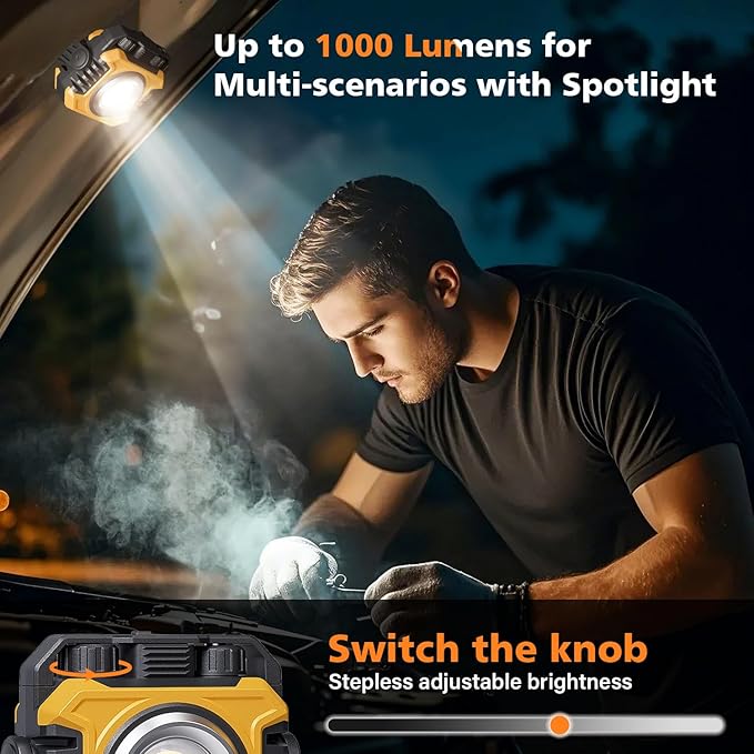 Samyoung 2-Pack 2400LM Magnetic Rechargeable Work Light, Dual-Sided LED Work Light, Up to 80 Hours Runtime, Stepless Dimming 2700K-8000K, Magnetic Flashlight with 360° Rotating Stand, Hook, Yellow