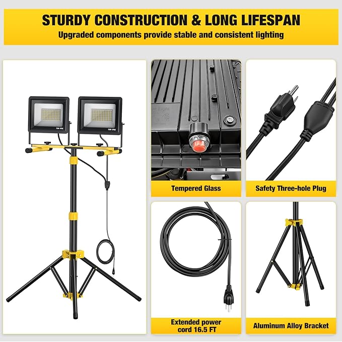 Upgraded LED Work Lights with Stand, 2-Head Adjustable Work Light, Waterproof Tripod Worklights with 16.5 FT Cord for Outdoor & Indoor Job Sites, Workshops, Construction, Garage Lighting
