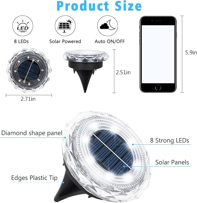 echosari Solar Ground Lights 6 Pack, Upgraded Solar Garden Lights Auto ON/Off Landscape Lighting Outdoor In-Ground Lights Waterproof Long Lasting for Pathway Walkway Patio (Cool White)
