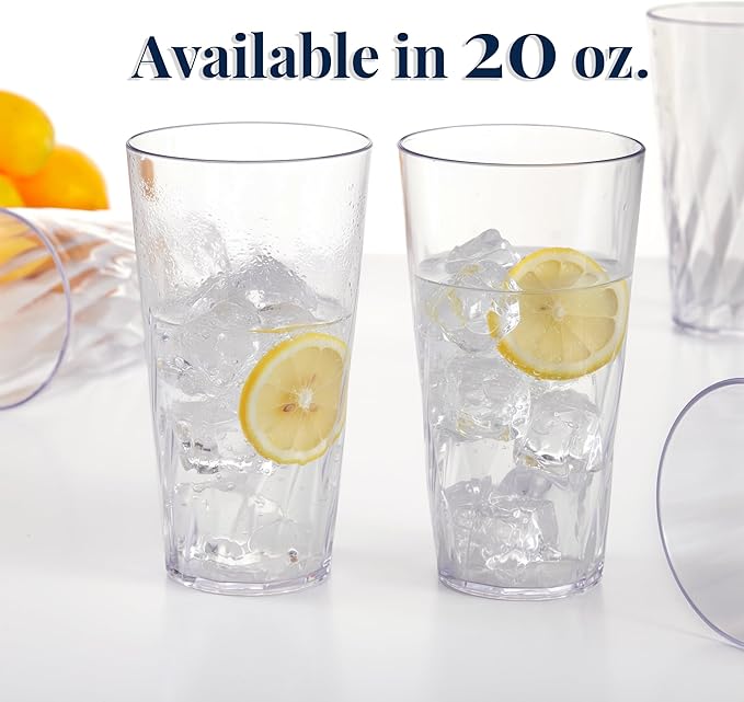 US Acrylic Palmetto [Set of 16] 20 ounce Plastic Stackable Water Tumblers in Clear, Lightweight Value Set of Drinking Cups, Reusable, BPA-free, Made in the USA, Top-rack Dishwasher Safe