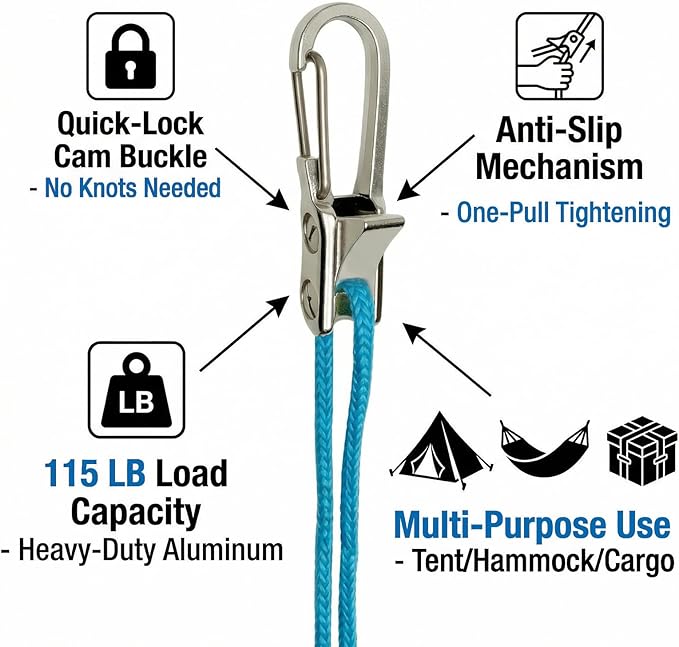 Rope Tightening Tool & Tensioner:6 Pack Rope with Roller Tensioner for Easy and Secure Tying,Heavy Duty Retractable Buckle with Accessory Cord for Camping Boating Home Storage Outdoor Use (Silver 9)