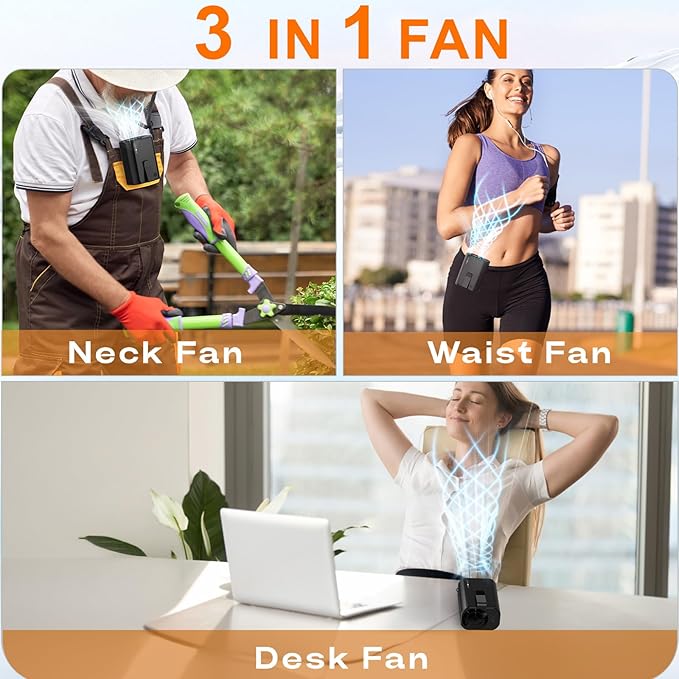 AI Portable Personal Waist Neck Rechargeable Fan, 3-Speed 10000RPM Brushless Motor Desktop Fan Hands-Free Neck Hanging Fans, 20-Hour Runtime, Wearable Portable Fans for Camping and Worksites