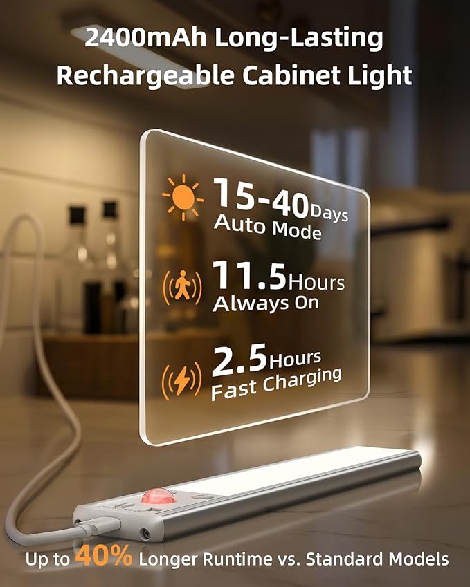 EZVALO 8" Under Cabinet Lighting, 2400mAh Rechargeable Motion Sensor Light Indoor, Mini & Slim Design, 3 Color Temps, Dimmable Magnetic Wireless Closet Lights for Kitchen, Pantry, Stairs (2 Pack)