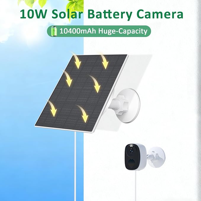 Zivif 10W Solar Panel for Security Camera, 10400mAh Built-in Battery, 5V Outdoor Solar Charger with USB-C & Micro-USB Port, IP66 Waterproof, 360° Adjustable Mount