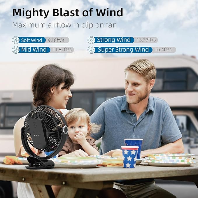 10000mAh 30hrs Portable Fan Rechargeable, 8-Inch Battery Operated Clip on Fan, USB Fans, 4 Speeds, Strong Airflow, Sturdy Clamp for Golf Cart Office Desk Outdoor Travel Camping Bed Truck Treadmill