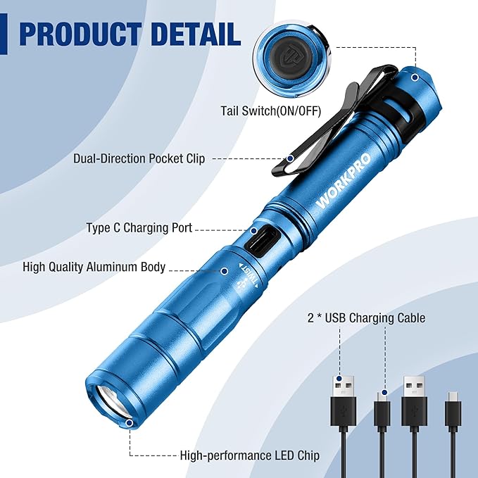 WORKPRO Rechargeable Pen Light, Mini Flashlight, 2 Pack Ultra-Compact EDC Flashlight, Pocket Flashlight with Clip, Memory Function and 2 x USB C Cable Included, Blue