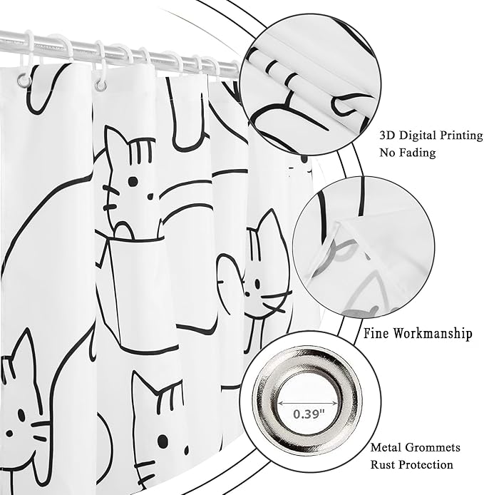 Cat Shower Curtain, Black and White Funny Cats Cute Sketching Kitten with Different Postures Bathroom Curtain Waterproof Fabric Machine Washable with Hooks, 60" Wx72 L