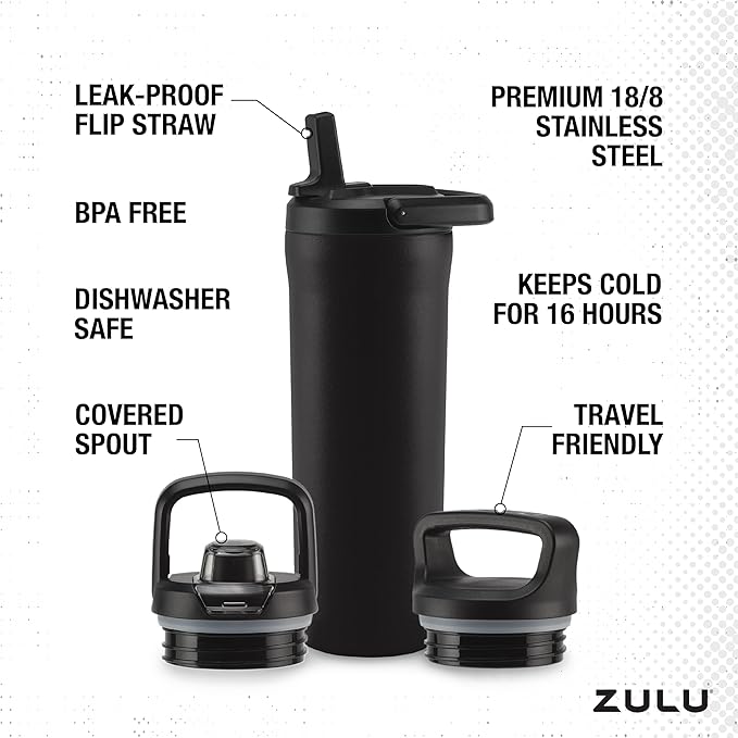 ZULU Base 18oz Kids Stainless Steel Water Bottle with 3 Lids- Straw, Chug, Twist | Double Walled and Vacuum Insulated Metal Thermos | Fits Car Cupholder, Built in Carry Loop, Dishwasher Safe, Black