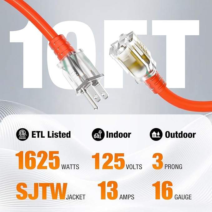 10 FT Outdoor Extension Cord Waterproof, 16/3 Gauge Heavy Duty 3 Prong Power Cord with Lighted Indicator End, 13A 125V 1625W SJTW, ETL Listed, Great for Lawn/Garden/Home(Orange)