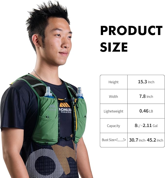AONIJIE Running Hydration Vest for Men & Women, 8L Hydration Backpack, Multiple Pocket Designs for Water Bottles/Bladders, Lightweight Breathable for Hiking, Climbing, Marathon & Cycling