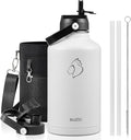 BUZIO 64oz Insulated Water Bottle, Half gallon Stainless Steel Jug (Cold for 48 Hrs), Triple Wall Vacuum Large Metal Flask with Leakproof Straw Lid and Carry Sleeve, White