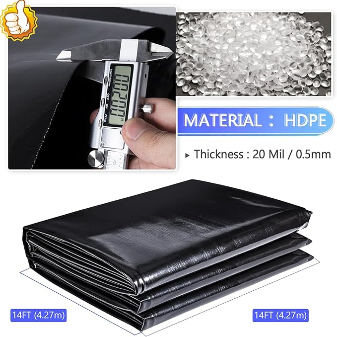 ToLanbbt Pond Liner 14 FT x 14 FT HDPE Pond Liners, 20 Mil UV Resistant Preformed Pond Liner Easy Cutting, Pond Liner for Natural Looking Ponds, Waterfall, Koi Pondsand Water Garden (Black)