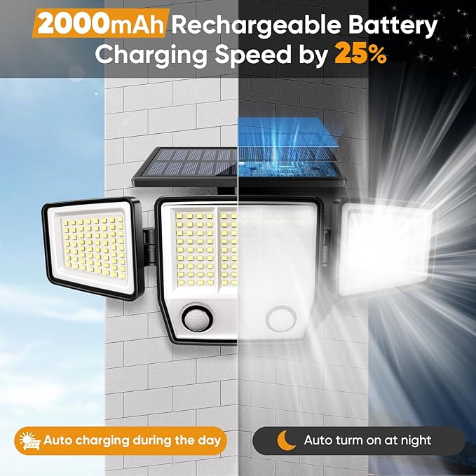 MDCMDCM Solar Motion Sensor Outdoor Lights Waterproof - 3000LM 3 Modes Security Lights Outdoor 270° Illumination IP65 LED Solar Flood Wall Light for Garden Yard Patio Pathway (Modern, 4)