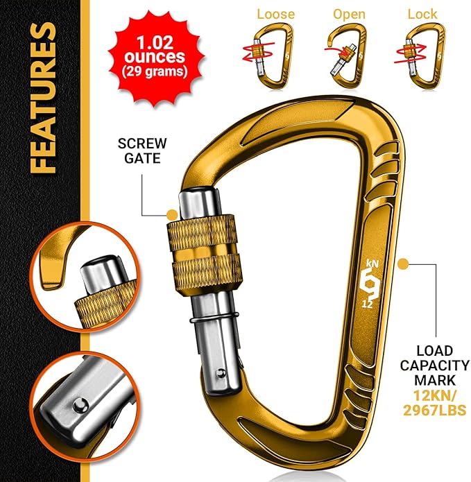 Rhino Produxs 12kN (2697 lbs) Heavy Duty Carabiner Clips, for Securing Pets, Outdoor, Camping, Hiking, Hammock, Dog Leash Harness, Keychains