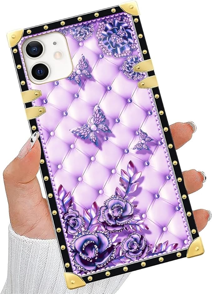 Compatible with iPhone 11 Case, Purple Butterfly Flowers Leaf Luxury Golden Decoration for Girl Women Soft TPU Shockproof Protective Hard PC Back for iPhone 11