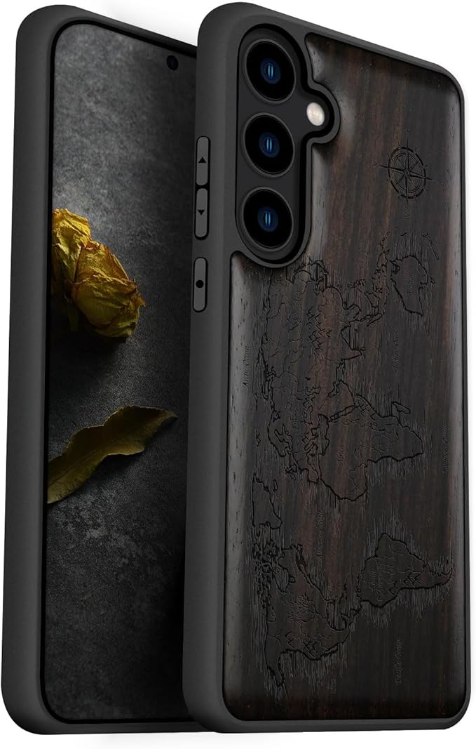 Carveit Wood Case for Galaxy S24 Plus Case [Natural Wood & Black Soft TPU] Shockproof Protective Cover Unique Wooden Design Compatible with S24 Plus (Compass Maps-Blackwood)