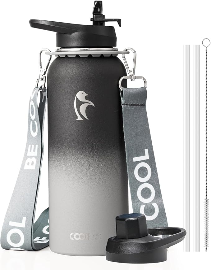 Coolflask Water Bottle with Straw, 40 oz Insulated Metal Water Flask with Straw & Spout Lids, Stainless Steel Double Wall Vacuum, Keep Cold 48h Hot 24h, Leak Proof, BPA-Free, Piano Night