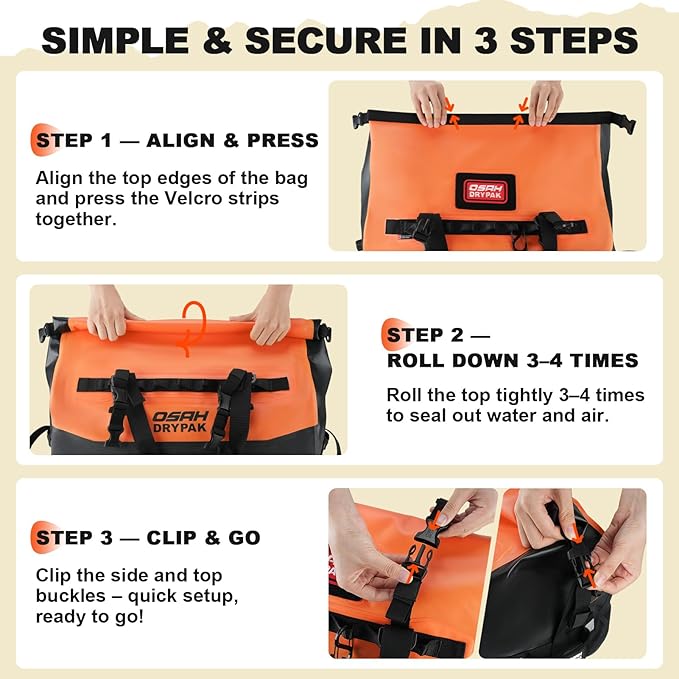 OSAH DRYPAK Waterproof Duffel Bag 25L/40L/60L – Heavy-Duty Motorcycle Tail Bag, Roll-Top Dry Bag for Travel, Camping, Boating, Kayaking, Outdoor Adventure