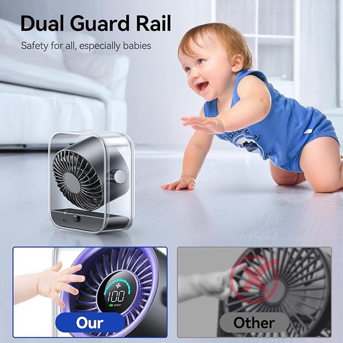 KIMMOO Rechargeable USB Desk Fan, Quiet Table Fan with Turbo Airflow, 100 Speeds, Digital Display, 90° Rotating, Small Battery Desktop Fans for Bedroom Home Office Travel, Purple