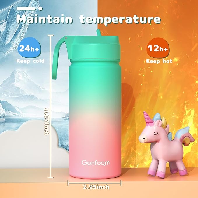Kids Water Bottle, 2-Pack 16oz Water Bottles with Stickers and Straw, Stainless Steel Vacuum Insulated cup, Kids Water Bottle for School, Gifts for Boys and Girls(Blue/Green)