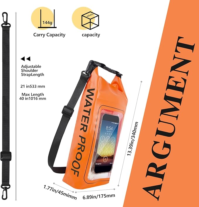IP68 Waterproof Dry Bag, 2L - Roll Top Waterproof Pool Bag，Dry Bags for Kayaking Waterproof-w/Phone Pouch,Large Waterproof Phone Pouch,Boating & Kayak Accessories Camping (Orange 2L)