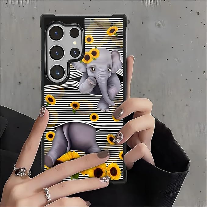 for Samsung Galaxy S26 Ultra Case,Graphic Design for Girl Boy Soft Silicone Hard Acrylic Shock Protection Designed Cute Little Elephant Sunflower White Line Art Pattern