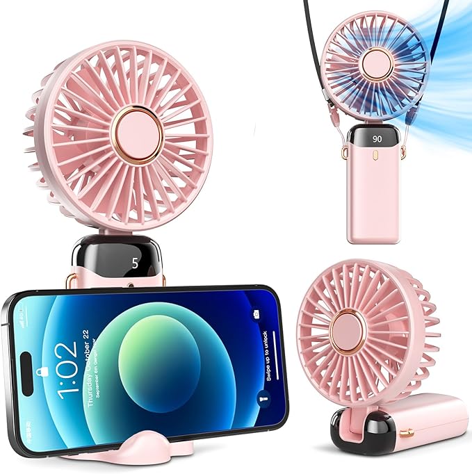 Koonie Portable Handheld, Battery Operated with Base, 8 Hours, Digital Display, 5 Speeds, 90° Ajustable, Rechargeable Mini for Outdoor Indoor Pink