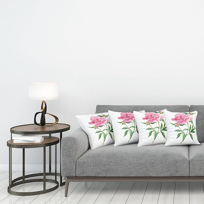 Ambesonne Watercolor Flower Throw Pillow Cushion Case Pack of 4, Vintage Peony Painting Botanical Spring Garden Flower Nature Theme, Modern Accent Double-Sided Digital Printing, 16", White Pink