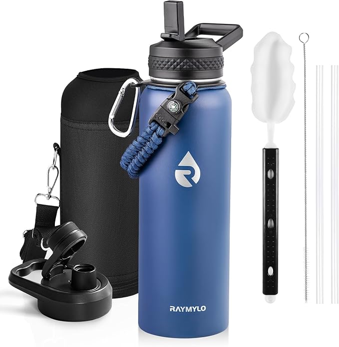 RAYMYLO Insulated Water Bottle 40 oz, Triple Wall Vacuum Stainless Steel (Cold for 36Hrs, Hot for 18Hrs), Leak Proof & Non-BPA, Modern Water Flask Jug with Paracord Handle & Straw Spout Lids