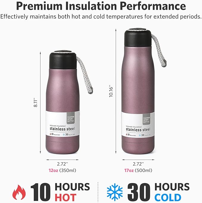 Mini Water Bottle, Dusgut 12 oz Water Bottle Reusable,Vacuum Insulated, Stainless Steel,Wide Mouth Portable Lid, Light Pink