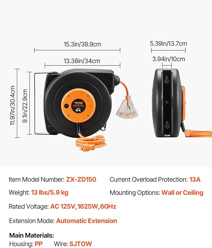 VEVOR Retractable Extension Cord Reel, 50 FT Heavy Duty 14AWG/3C SJTOW Power Cord with Lighted Triple Tap Outlet, 13 Amp Circuit Breaker, 180° Swivel Bracket for Ceiling or Wall Mount
