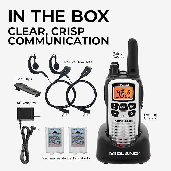 Midland LXT600VP4 FRS Business Walkie Talkies - Long Range 36-Channel Two-Way Radios with Headsets and Charging Base, NOAA Weather Alerts (2-Pack, Gray)