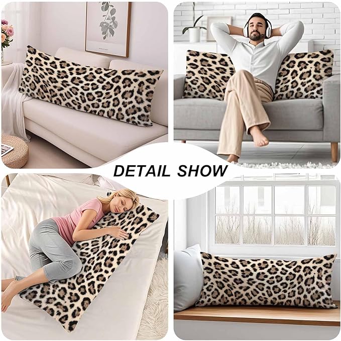 Body Pillowcases with Zipper Leopard Print Cozy Body Pillow Covers Cushion Cover 20 X 54 Inch, African Leopard Skin Outdoor Body Pillow Pillowcase for Home Bedroom Couch Sofa Brown